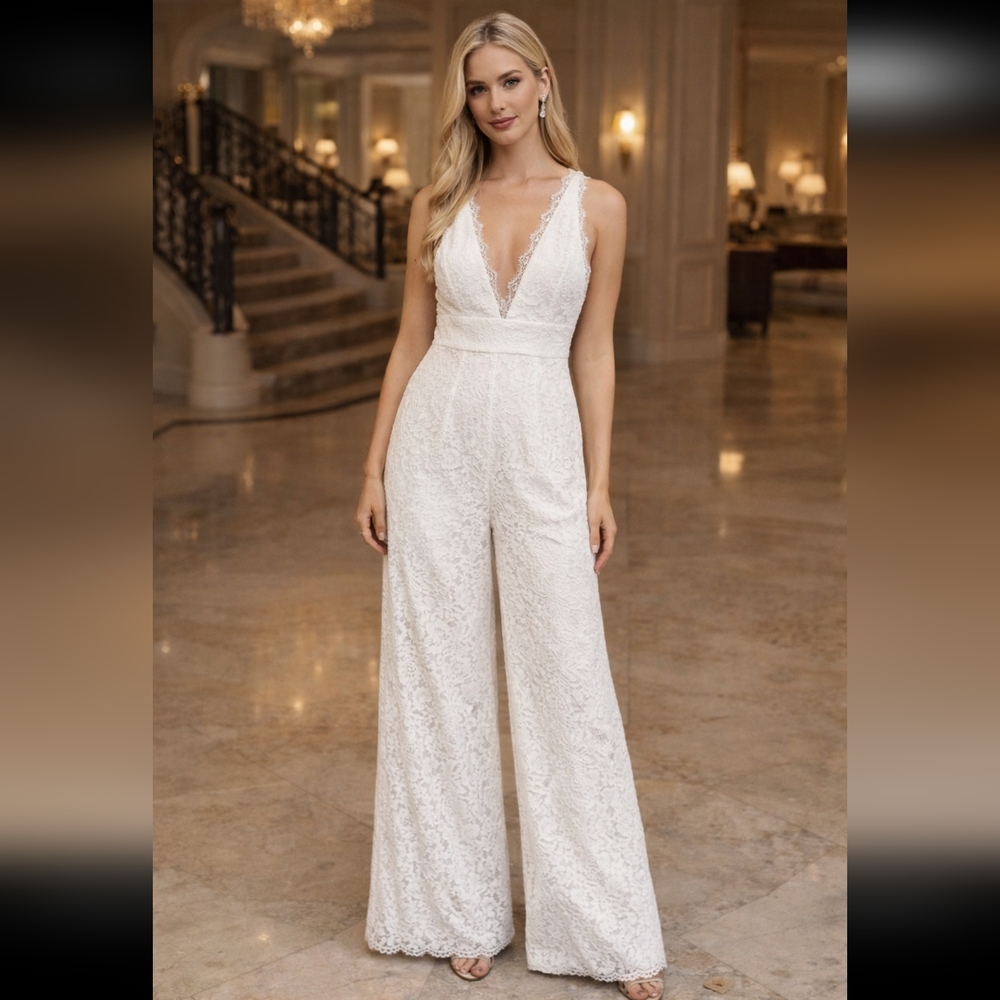 Lace V-Neck Wide-Leg Jumpsuit in White